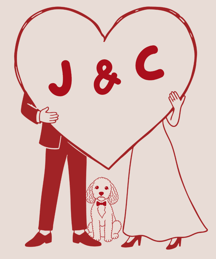 Illustration of Jordan and Caitlin holding a heart, with their dog